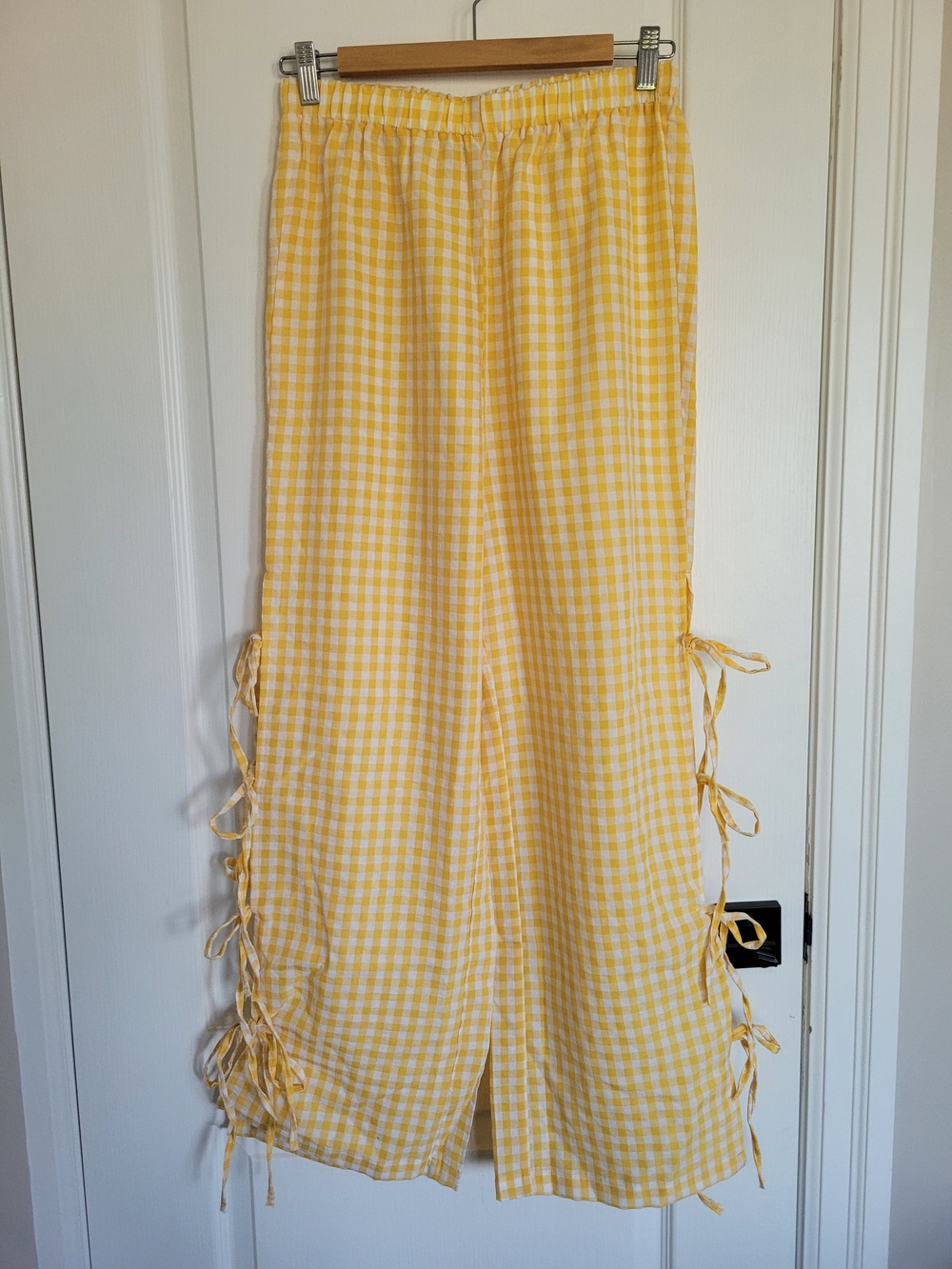 Wide Leg Yellow Gingham Tie-Side Pants
